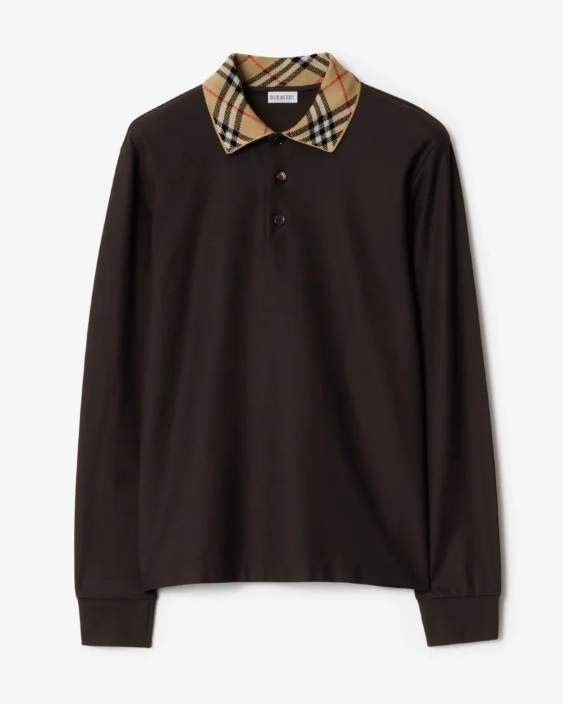 Burberry Langärmeliges Baumwoll-Poloshirt mit Check-Kragen Clove-braun