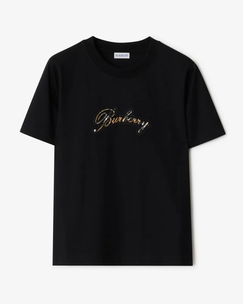 Burberry Baumwoll-T-Shirt mit kursivem Logo in Check Schwarz
