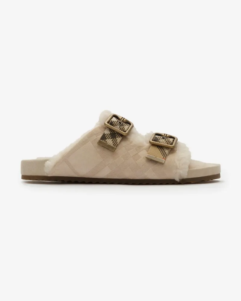 Burberry Lammfell-Sandalen „Urchin“ in Check , Size Blonde-beige