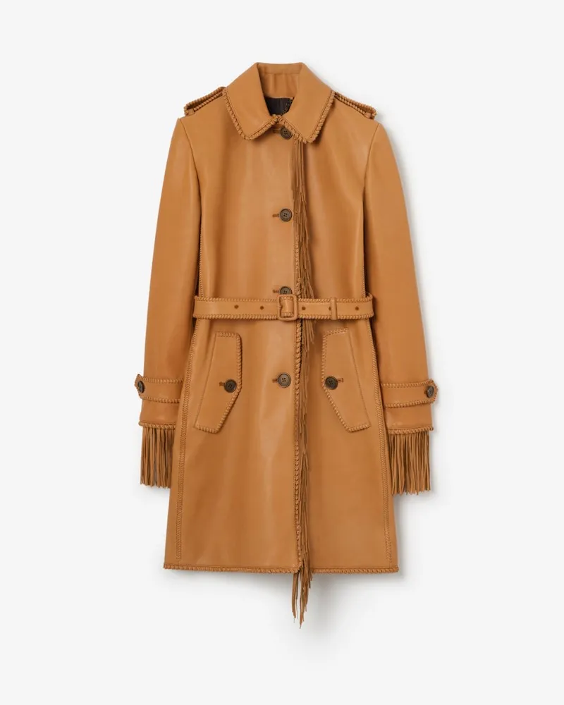 Burberry Kurzer Car Coat aus Leder mit Fransen , Size Sand-braun