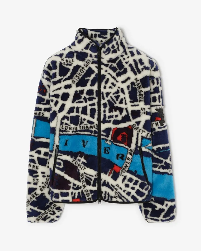 Burberry Fleece-Jacke mit Stadtplan von London , Size Marine-blau