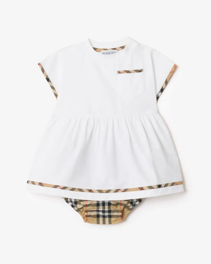 Burberry Baumwollkleid und Höschen mit Check-Besatz , Size Weiß