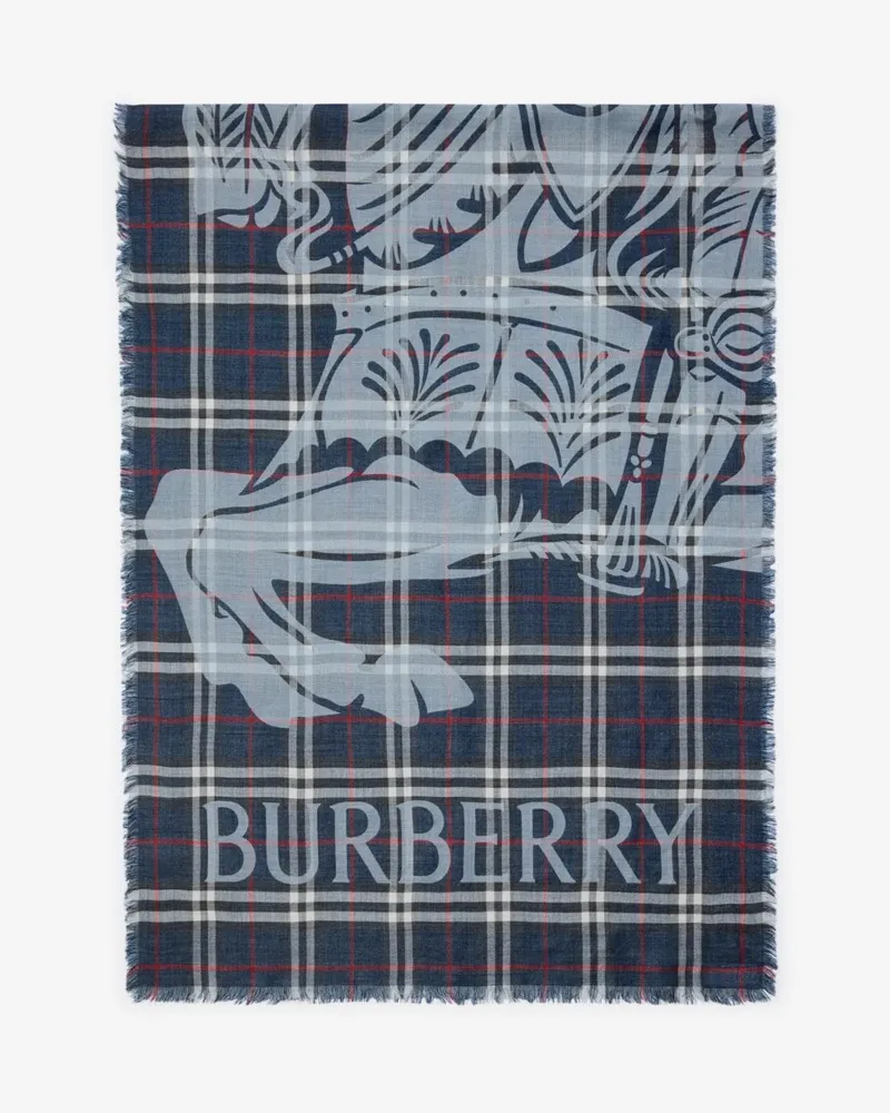 Burberry Breiterer Woll-Seiden-Schal in Check mit EKD-Motiv Ink-blau