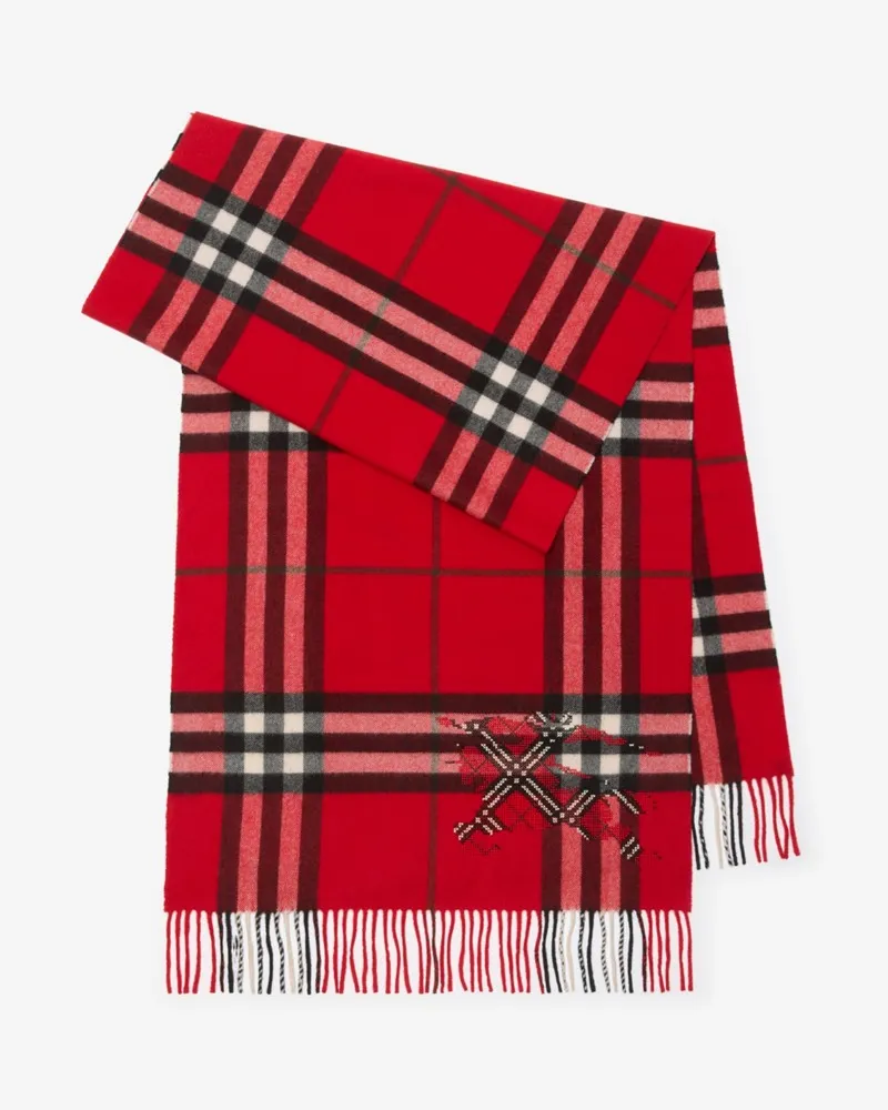 Burberry Breiter Kaschmirschal in Check mit EKD-Motiv im Kreuzstich Post-rot