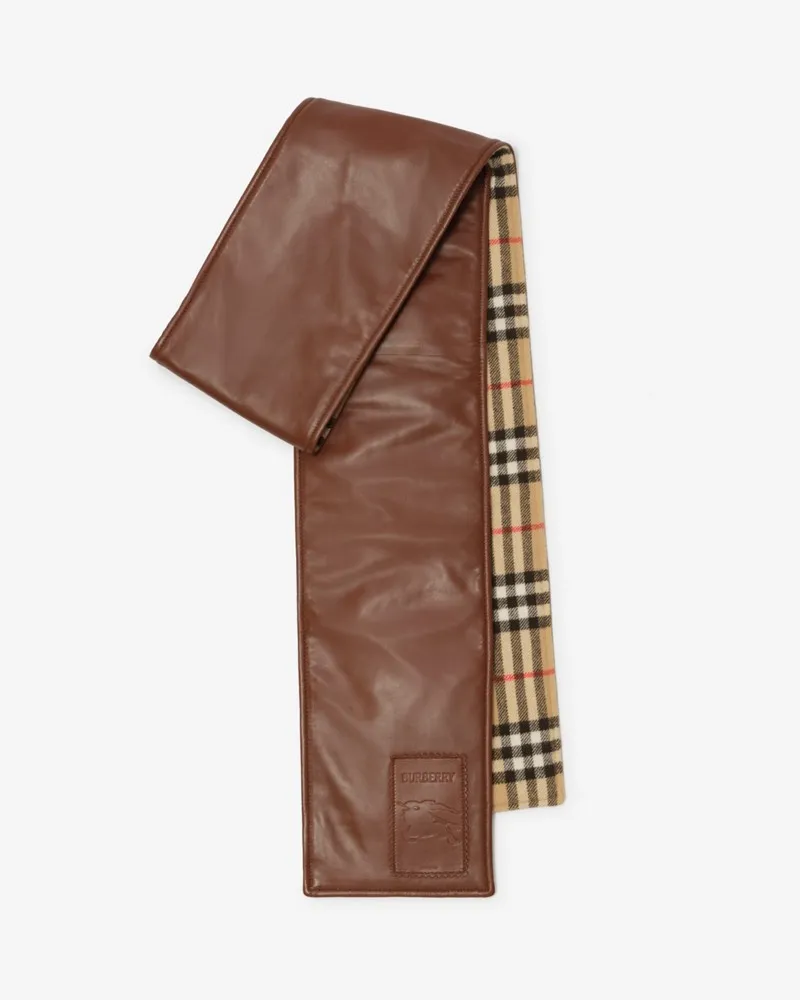 Burberry Schmalerer wendbarer Schal mit Check und Leder Vintage-beige