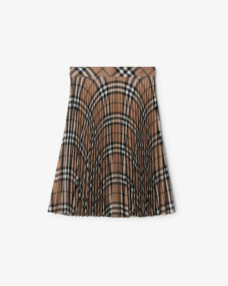 Burberry Wollmisch-Faltenrock in Check , Size Linden-braun