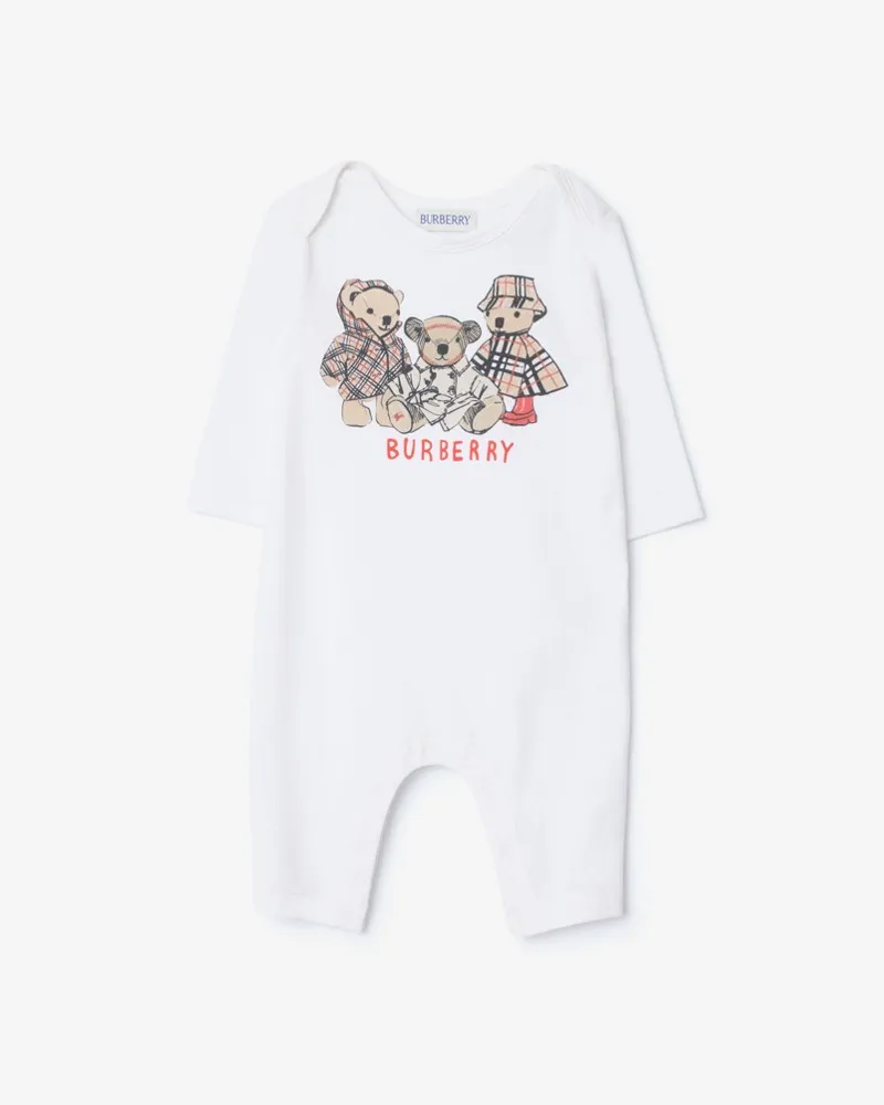 Burberry Stretchbaumwoll-Strampelanzug mit Thomas Teddybär und Freunden Weiß