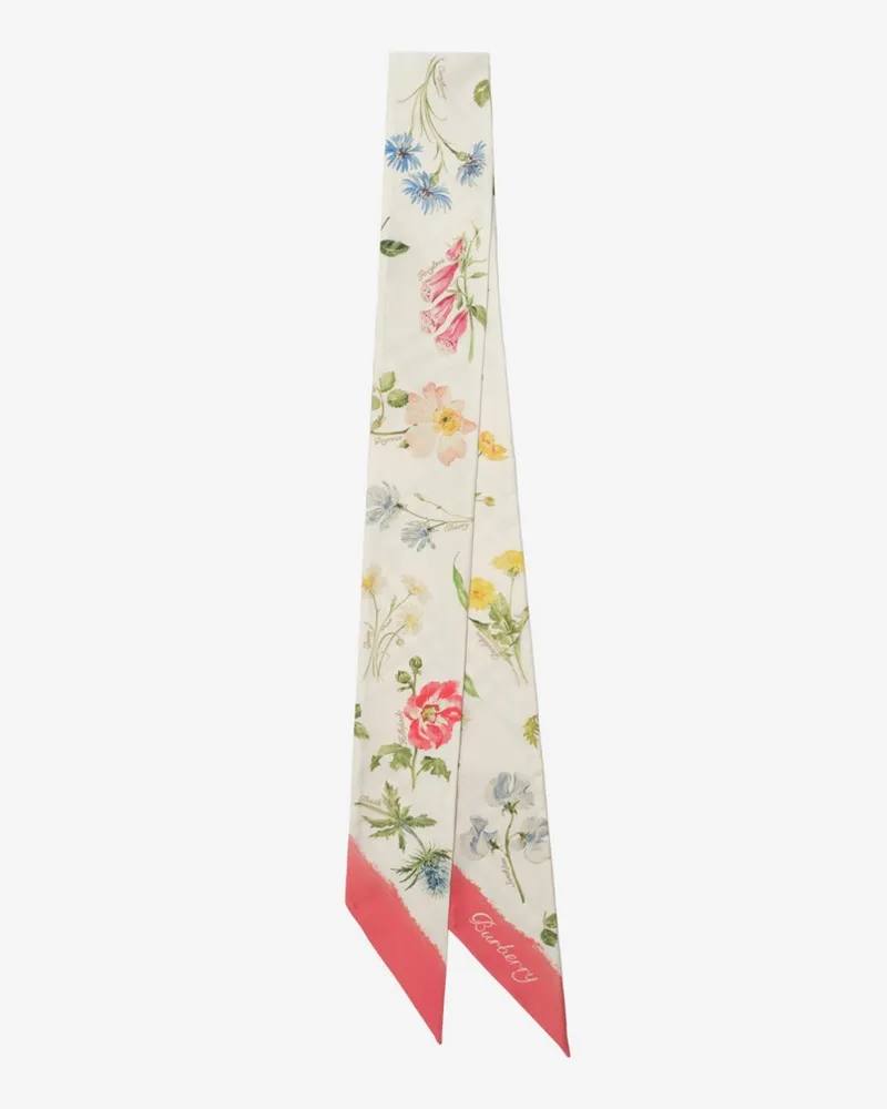 Burberry Schmaler Seidenschal mit „Blooms of Britain“-Motiv Sesame