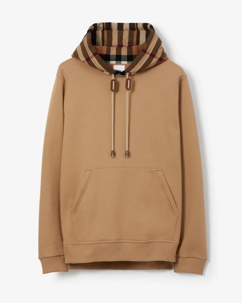 Burberry Baumwollmisch-Pullover mit Check-Kapuze Camelfarben