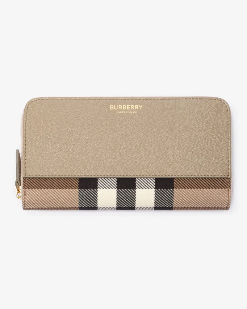 Burberry Große Lederbrieftasche mit Check und Reißverschluss Mushroom-grau