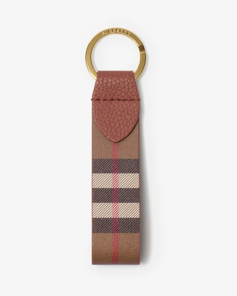 Burberry Leder-Schlüsselanhänger in Check Rust-orange