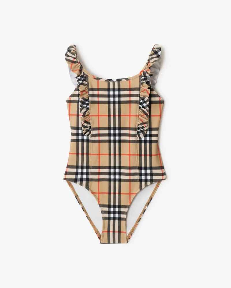 Burberry Badeanzug in Check mit Rüschen-Besatz , Size Sand