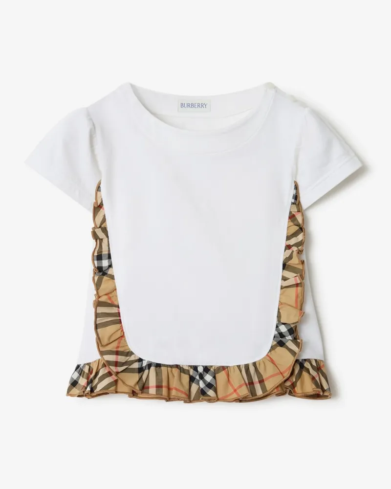 Burberry Stretchbaumwoll-T-Shirt mit Rüschen in Check , Size Weiß