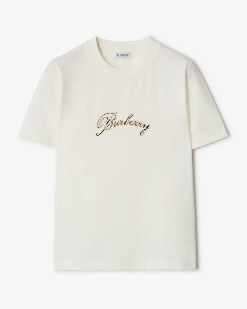 Burberry Baumwoll-T-Shirt mit kursivem Logo in Check Chalk-weiß