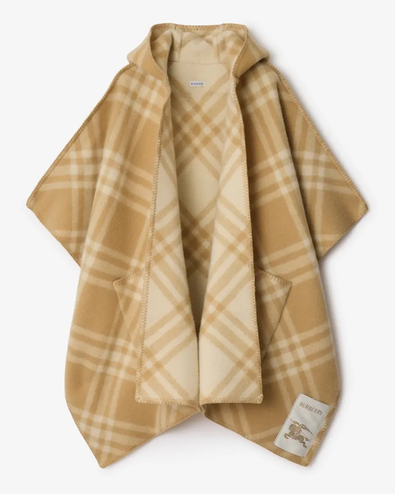 Burberry Wendbares Wollcape mit Kapuze und Karoseite Sand-beige