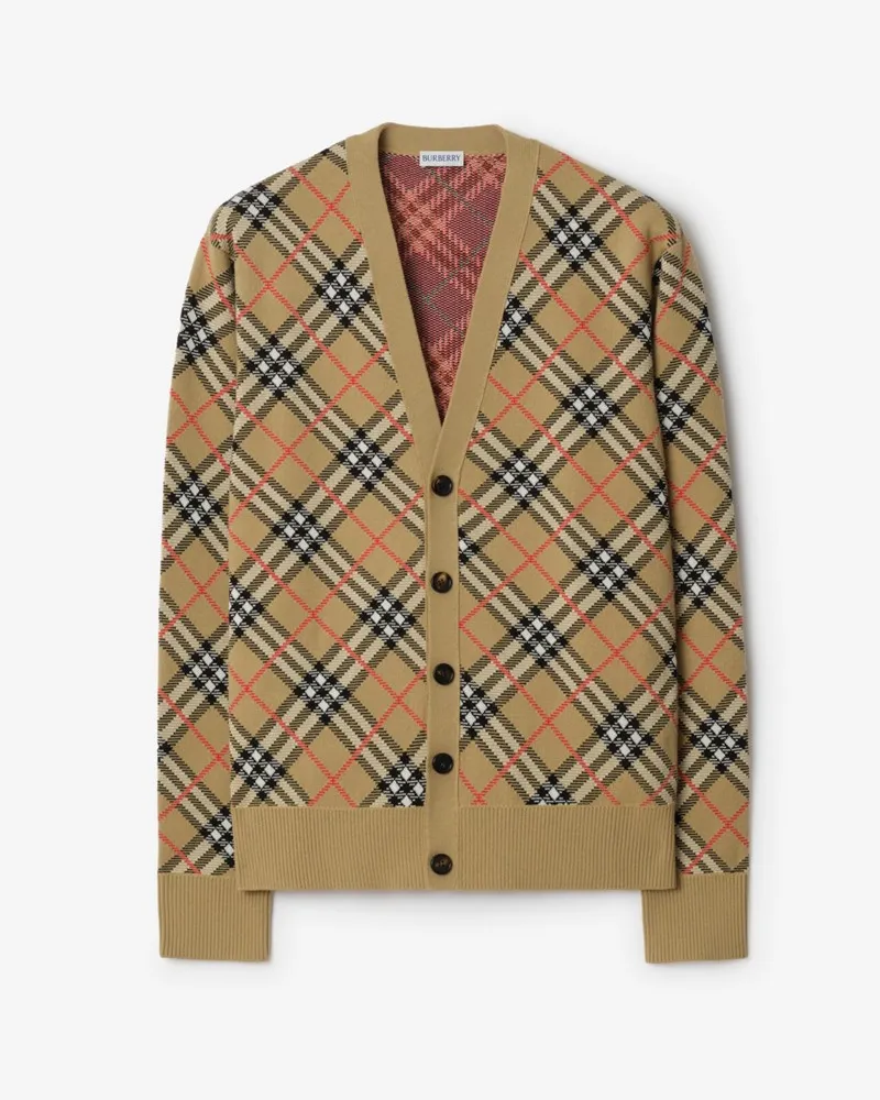 Burberry Baumwoll-Woll-Cardigan in Check , Size Sand-beige