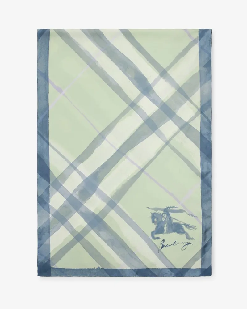 Burberry Breiter Seidenschal in Check in Aquarelloptik Seafoam-grün