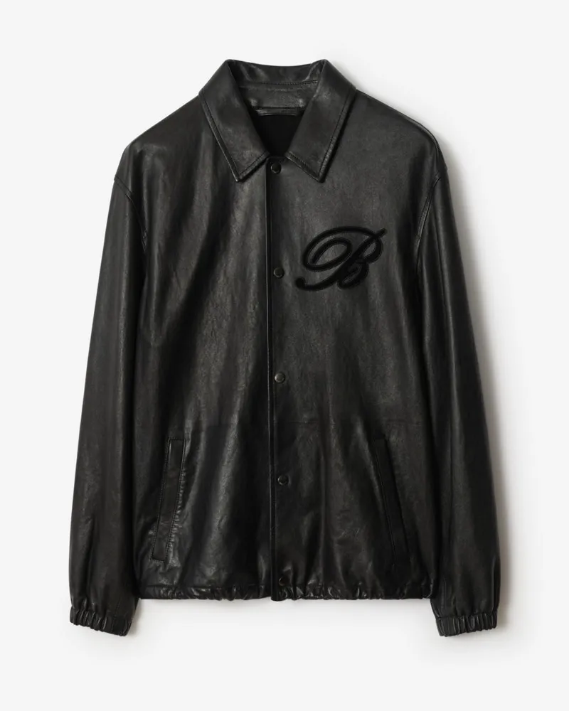 Burberry Leder-Hemdjacke mit kursivem Logo , Size Schwarz