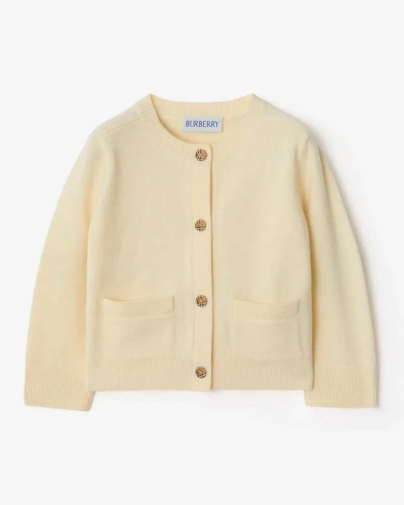 Burberry Woll-Kaschmir-Cardigan mit Check-Patch , Size Ivory