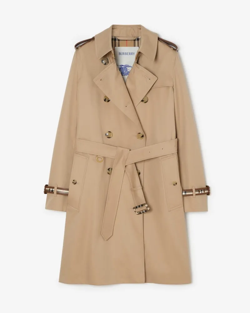 Burberry Mittellanger Trenchcoat „Kensington“ aus Gabardine , Size Honey-beige