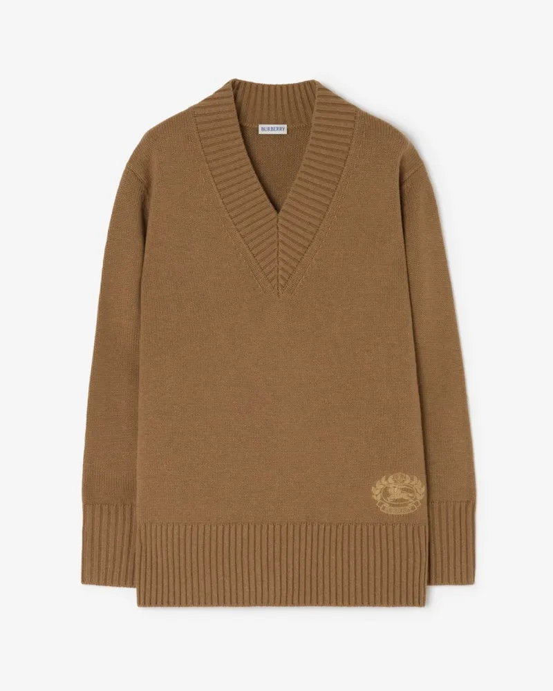 Burberry Woll-Kaschmir-Pullover mit V-Ausschnitt Taupe-braun
