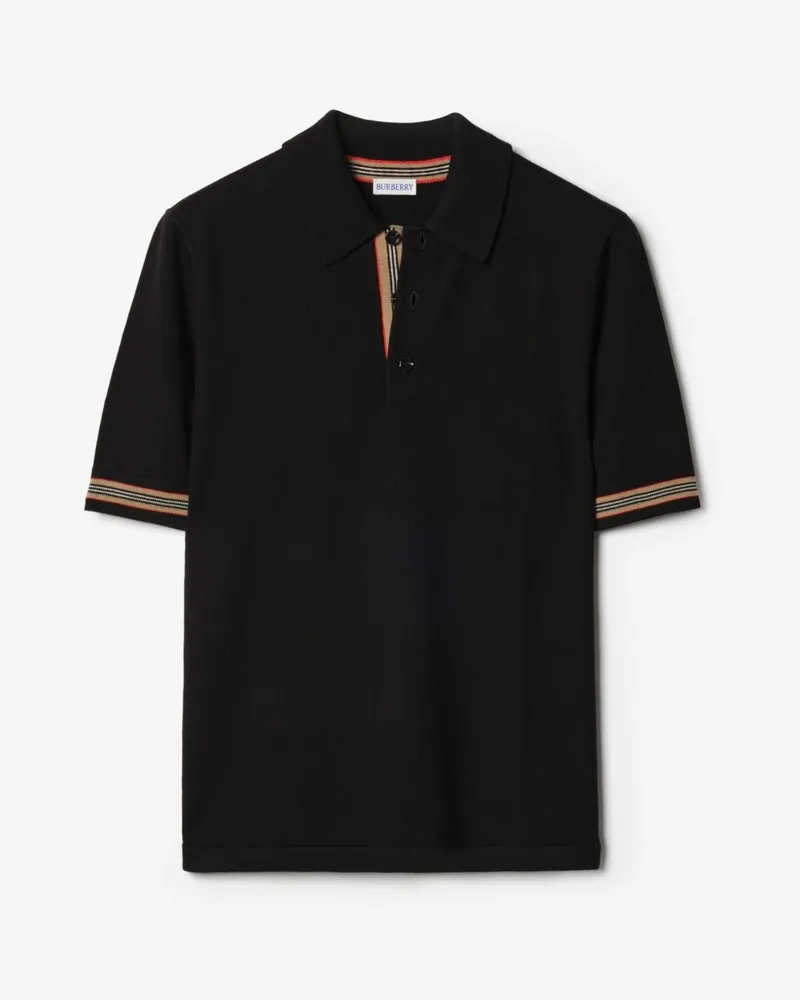 Burberry Woll-Poloshirt mit Streifenbesatz , Size Schwarz