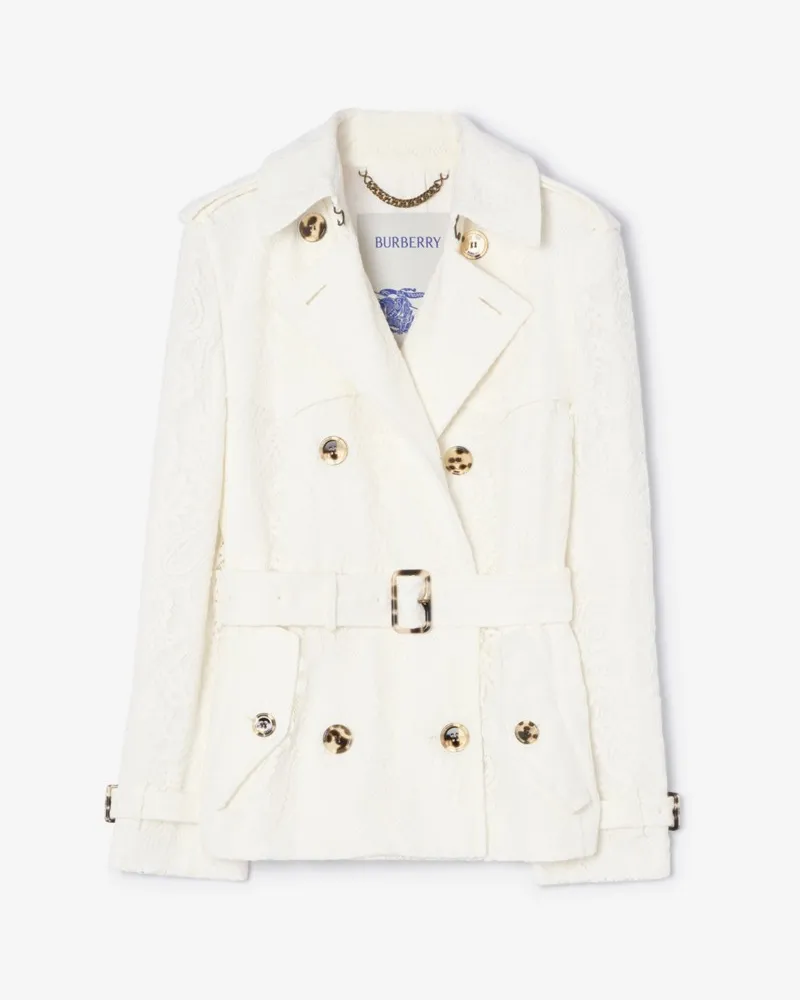 Burberry Kurzer Spitzen-Trenchcoat „Foxfield“ mit Paisley-Muster , Size Chalk