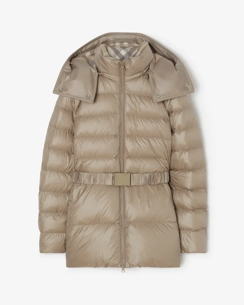 Burberry Kurzer wattierter Nylonmantel mit Kapuze , Size Taupe-braun