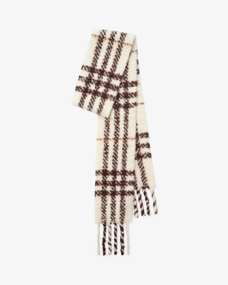 Burberry Schmaler Bouclé-Schal aus Alpakawollmischung in Check Pebble