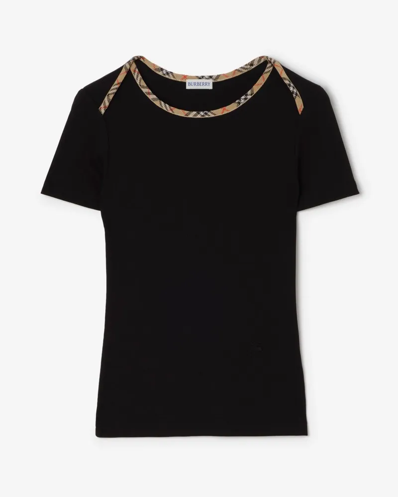 Burberry Stretchbaumwoll-T-Shirt mit Check-Besatz , Size Schwarz