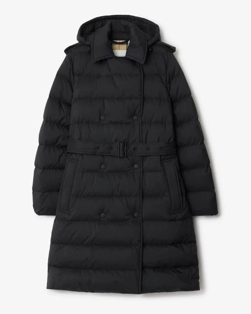 Burberry Mittellanger wattierter Nylonmantel mit Kapuze Schwarz