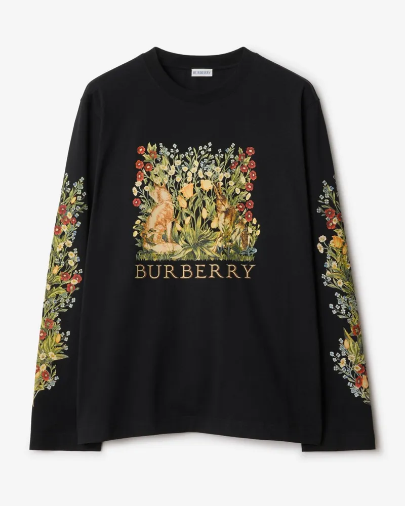 Burberry Langärmeliges Baumwoll-T-Shirt mit Waldmotiv Schwarz