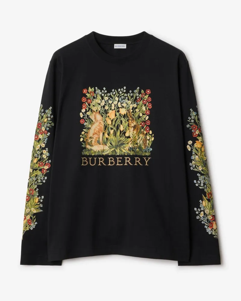 Burberry Langärmeliges Baumwoll-T-Shirt mit Waldmotiv Schwarz