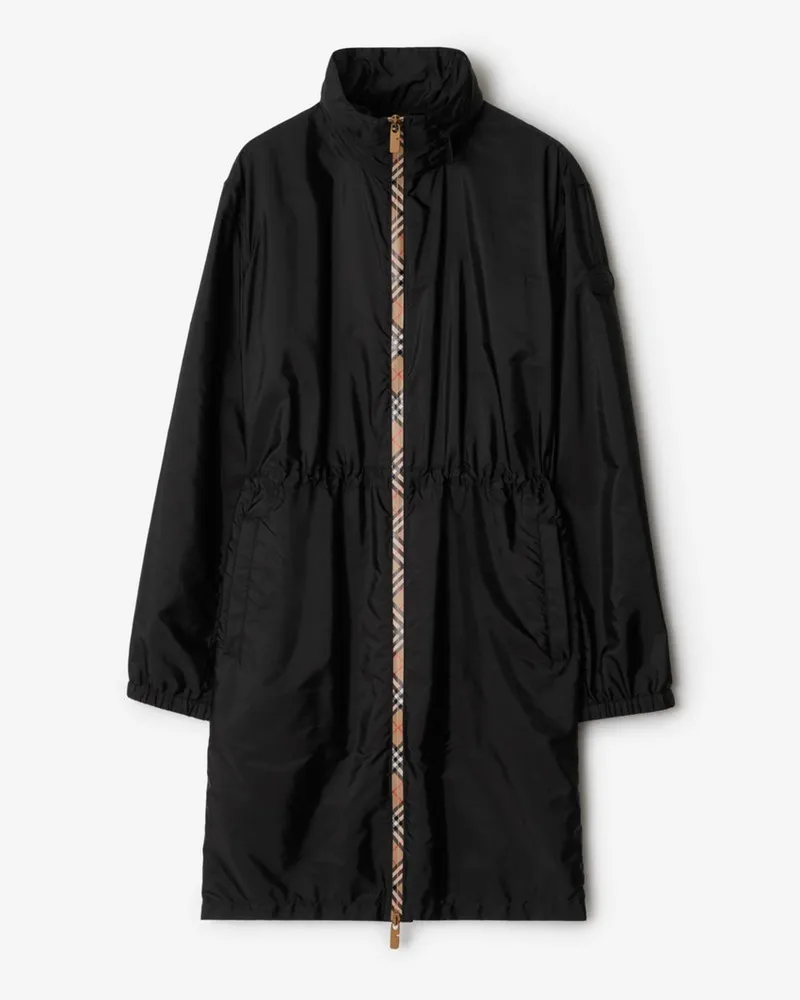Burberry Langer Nylonparka mit Check-Streifen Schwarz