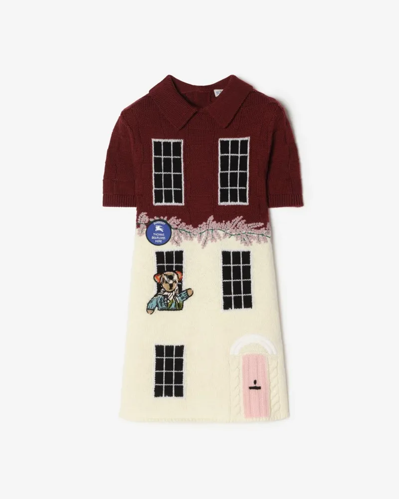 Burberry Woll-Kaschmir-Kleid mit Bär und Townhouse , Size Claret