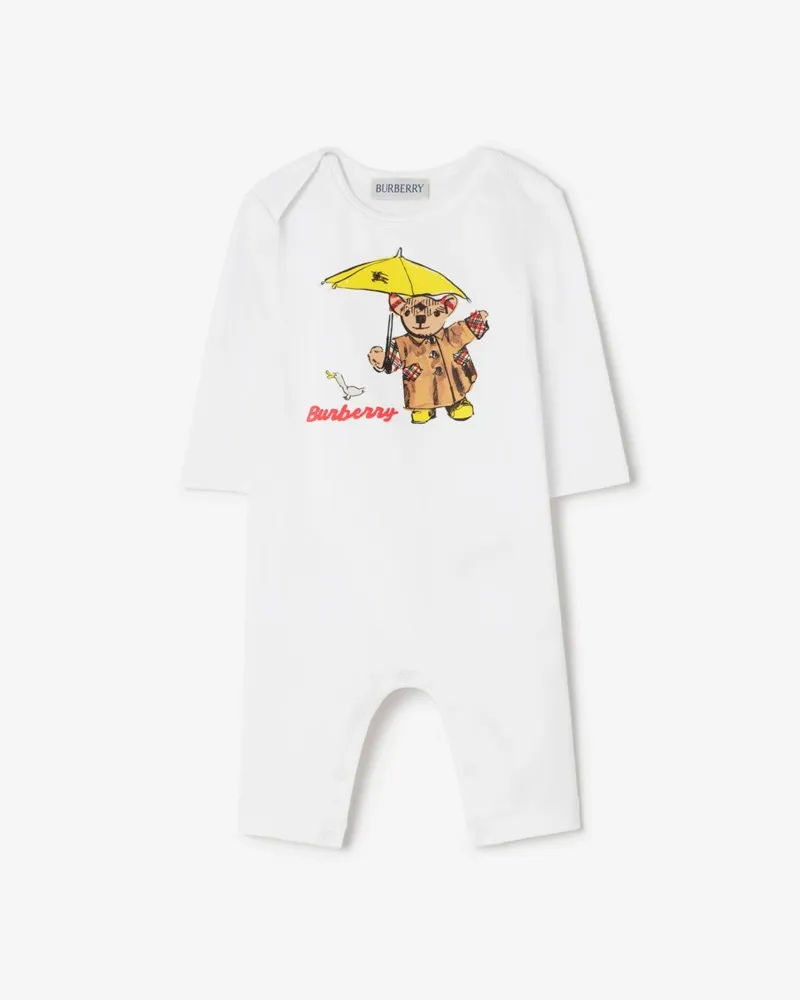 Burberry Stretchbaumwoll-Strampelanzug mit Bär im Regen , Size Weiß