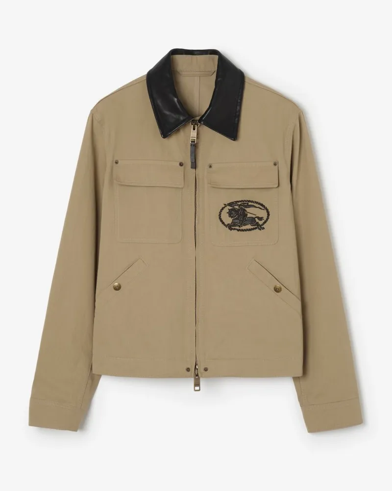Burberry Workwear-Jacke aus Baumwolle mit Lederkragen , Size Saltmarsh