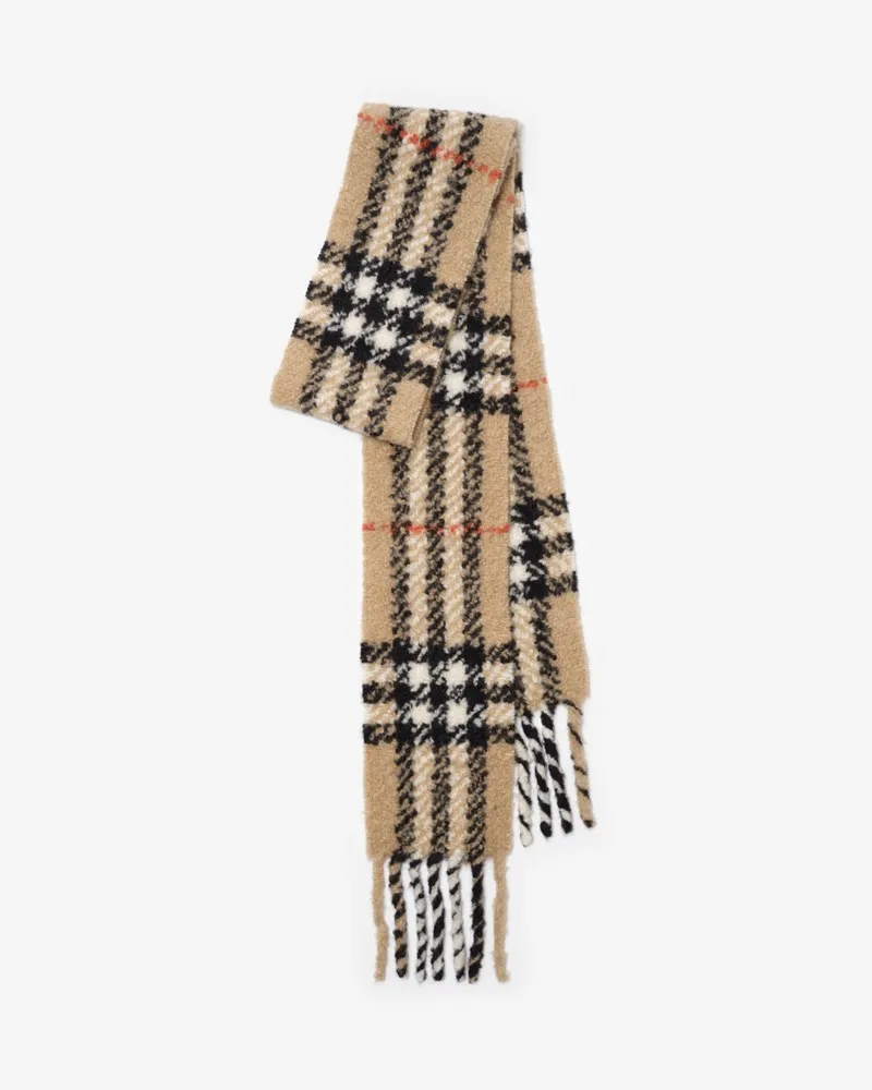 Burberry Schmaler Bouclé-Schal aus Alpakawollmischung in Check Sand