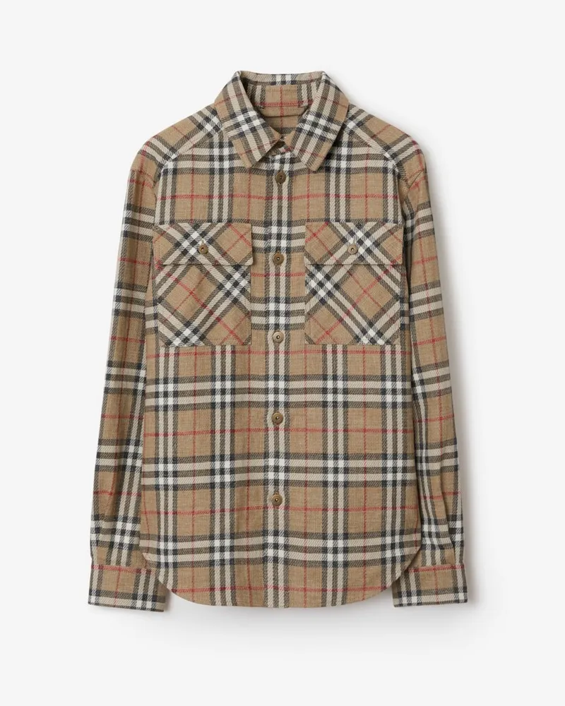 Burberry Oversize-Hemd aus Baumwolle und Leinen in Check Nut