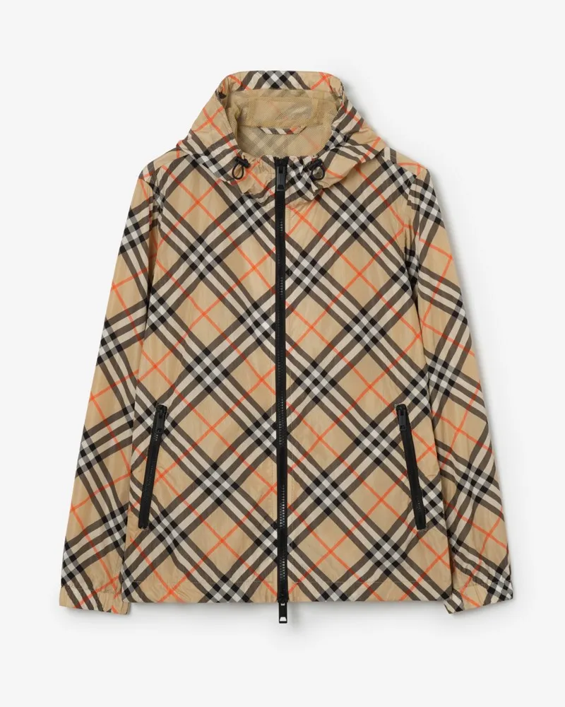 Burberry Nylon-Kapuzenjacke in Check Sand-beige