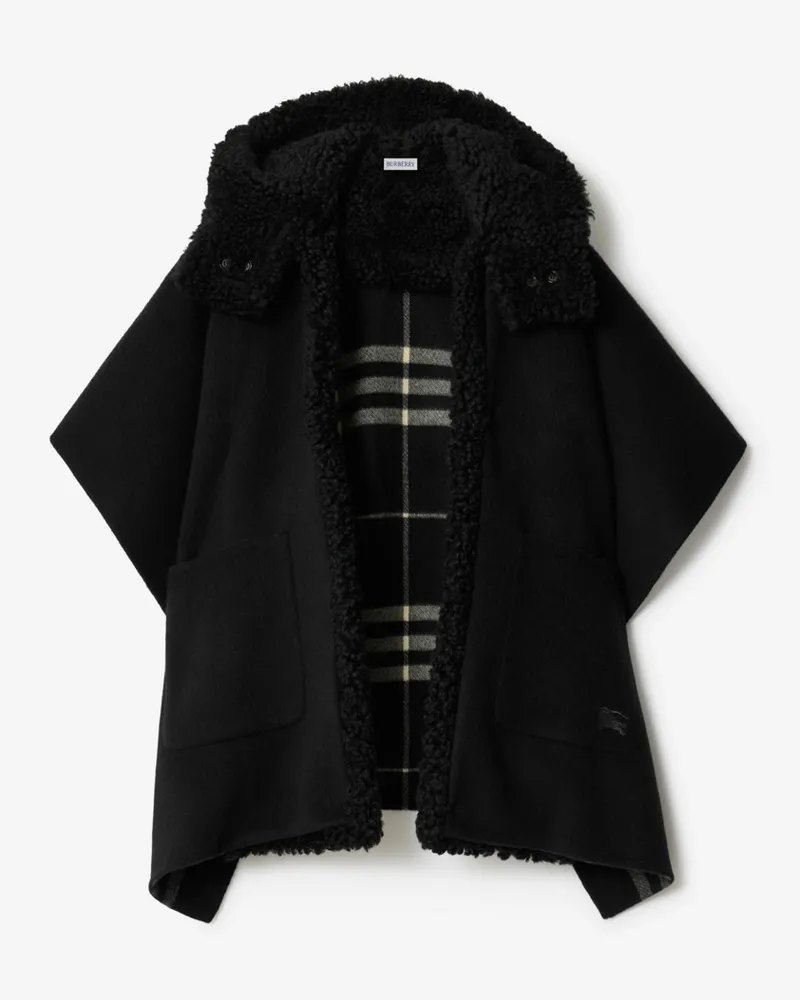Burberry Wendbares Kaschmir-Cape mit Check und Lammfell-Besatz Schwarz