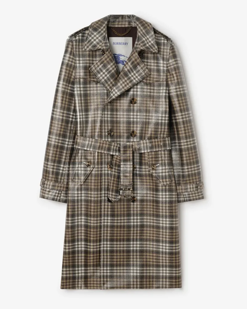Burberry Langer, beschichteter Trenchcoat „Foxfield“ in Check mit Raffiabast-Effekt , Size Chalk