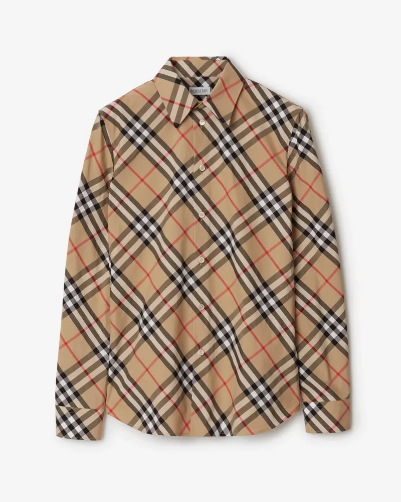 Burberry Körperbetonte Baumwollbluse in Check Sand
