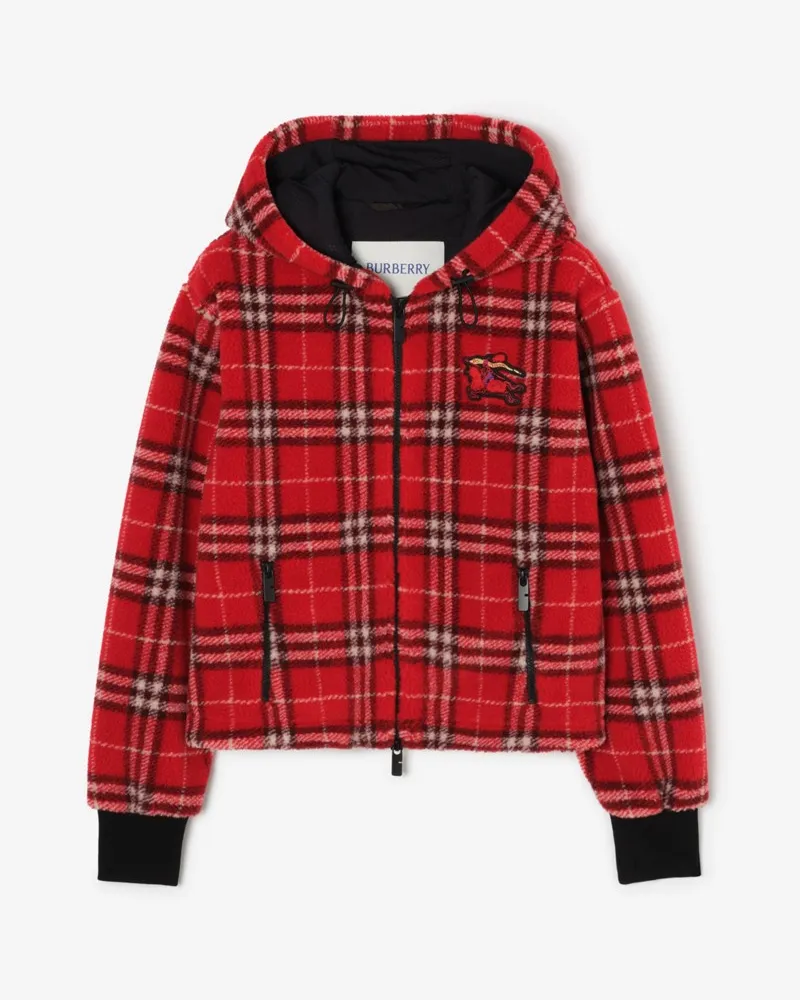 Burberry Cropped-Kapuzenjacke aus Fleece in Check , Size Crayon-rot
