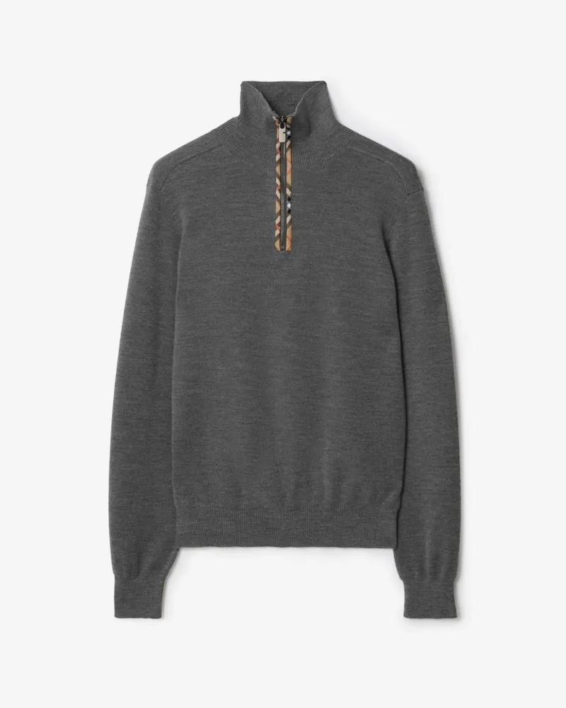 Burberry Wollpullover mit Check-Besatz und halblangem Reißverschluss Grey