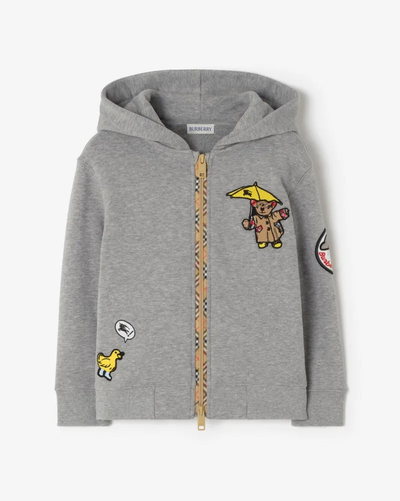 Burberry Baumwoll-Kapuzenjacke mit Bär im Regen , Size Pale