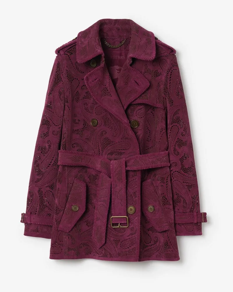 Burberry Kurzer Veloursleder-Trenchcoat „Foxfield“ mit Paisley-Muster , Size Allium-violett