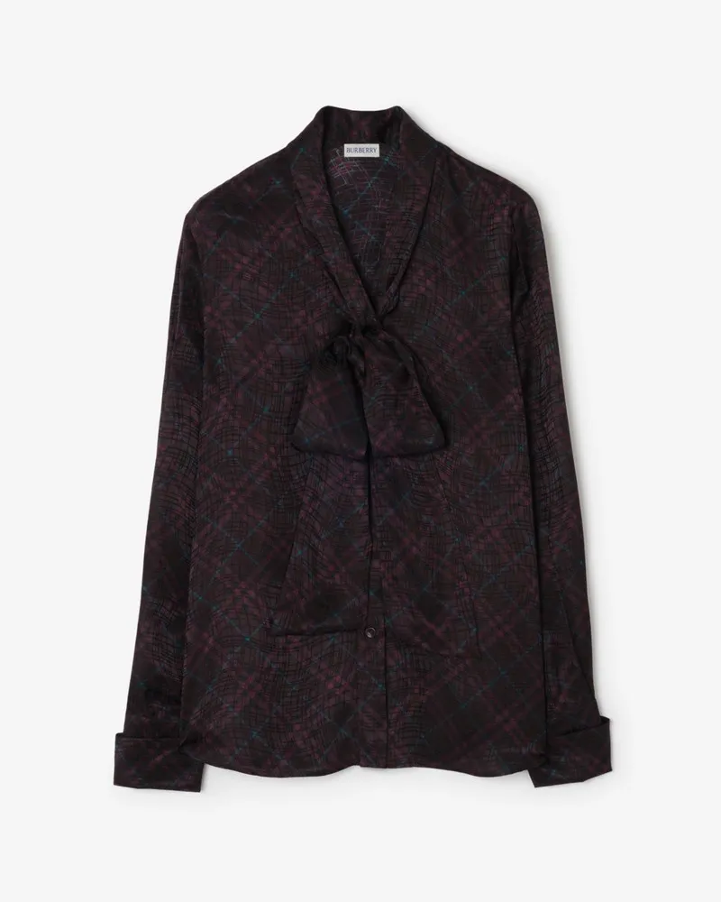 Burberry Seidenmischbluse in Check mit Schaldetail , Size Plum-violett