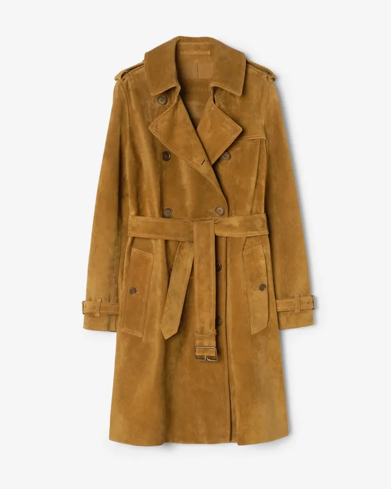 Burberry Mittellanger Trenchcoat „Kensington“ aus Veloursleder , Size Hellbraun