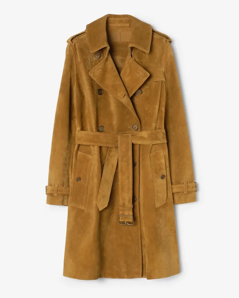 Burberry Mittellanger Trenchcoat „Kensington“ aus Veloursleder , Size Hellbraun